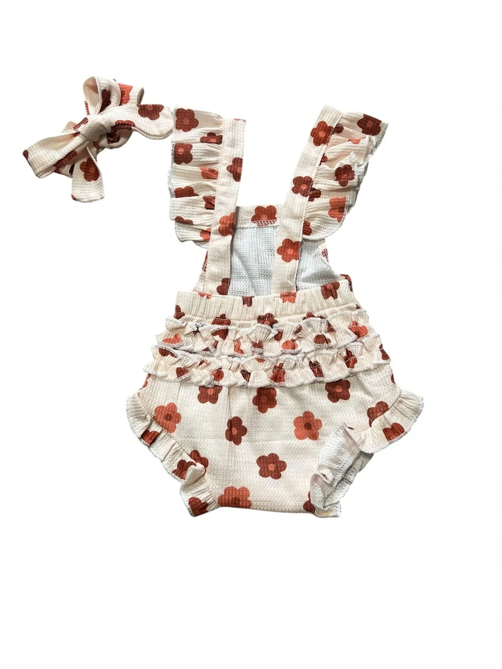 Baby Girl Floral Boho Romper + Headband Set NWOT Ruffle Sunsuit 0-3M